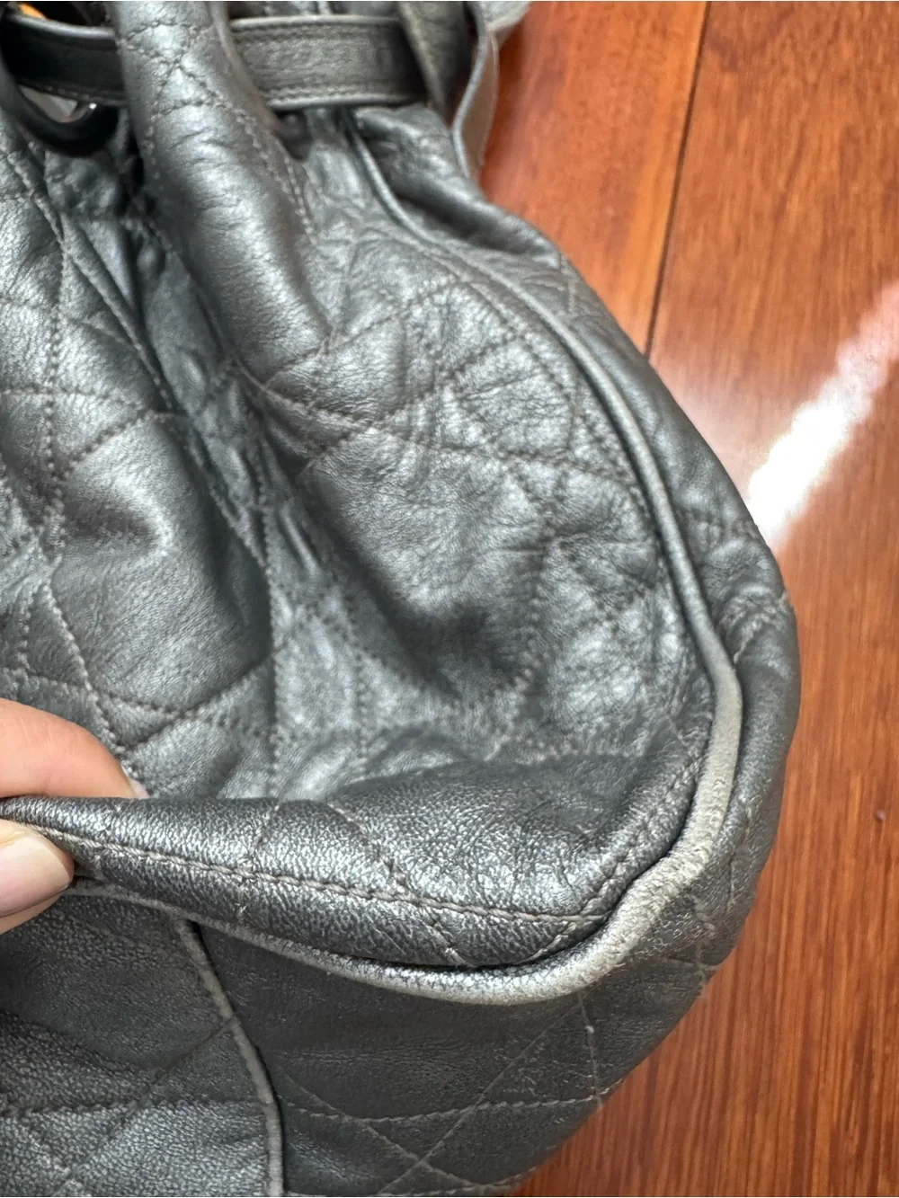 Authentic Dior Metallic Gray Quilted Drawstring Shoulder Bag